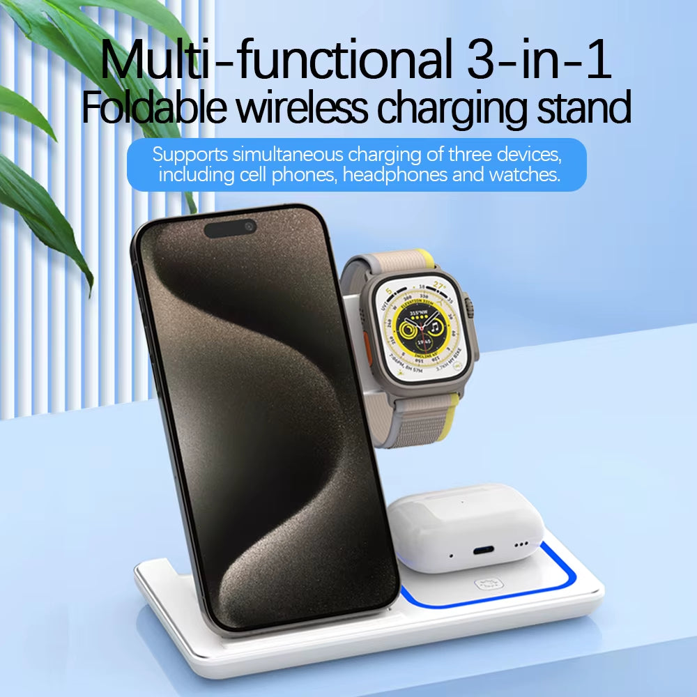 Wholesale Portable 3 in 1 Multifunction Fast Wireless Charging Stand 15W Phone 3 in 1 Foldable Wireless Charger